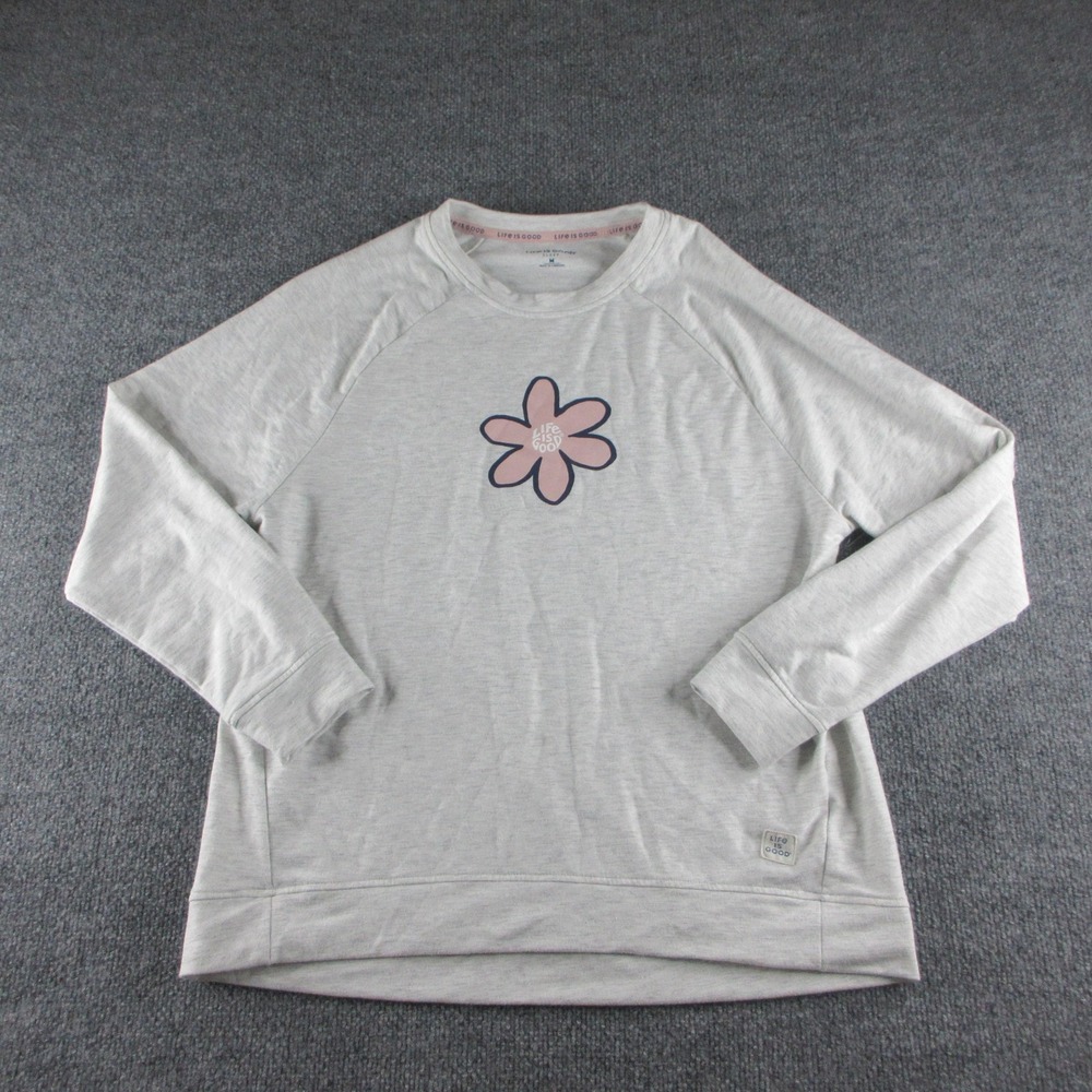 Life‎ Is Good Sleep Sweatshirt Womens M Gray Long Sleeve Pajama Flower Pullover